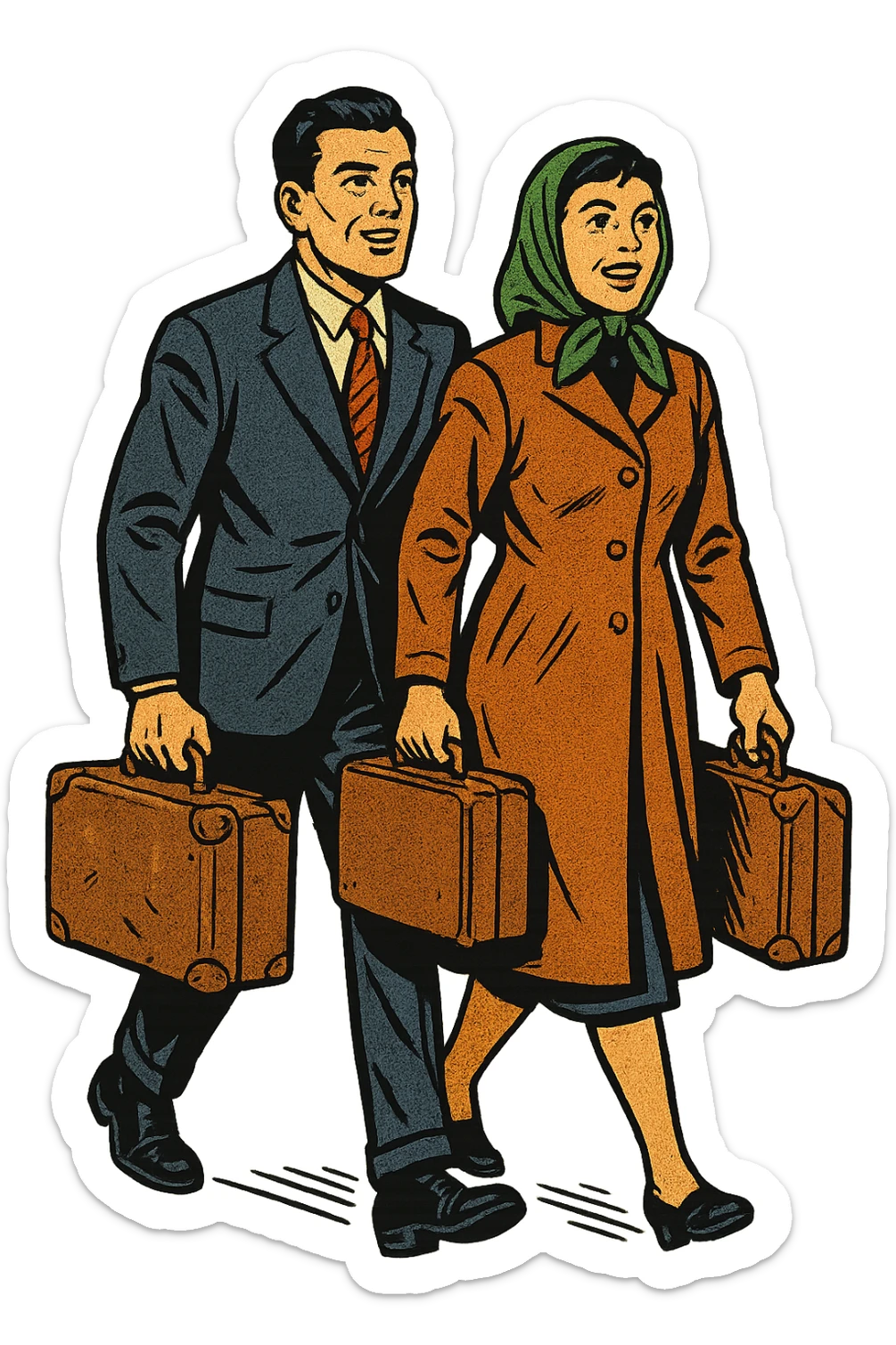 A refugee husband and wife from Eastern Europe in the 1950s both carrying a small old brown suitcase and looking hopeful. They are both walking sticker