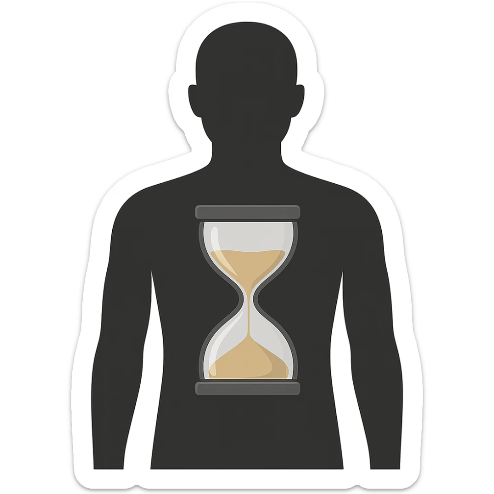 conceptual illustration of an adult body silhouette with an hourglass slowly flowing in the center, symbolizing slow metabolism, neutral background, modern style, 4K sticker