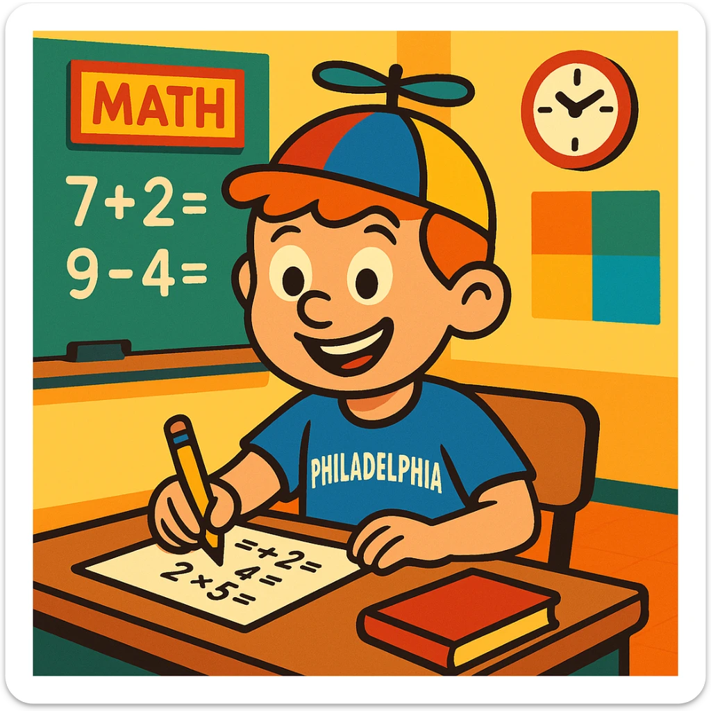 Little Johnny, cheerful young boy with a propellor hat, wearing a Philadelphia sports shirt, in a math classroom, showing good work habits, vibrant and clear illustration, colorful, friendly, positive atmosphere sticker