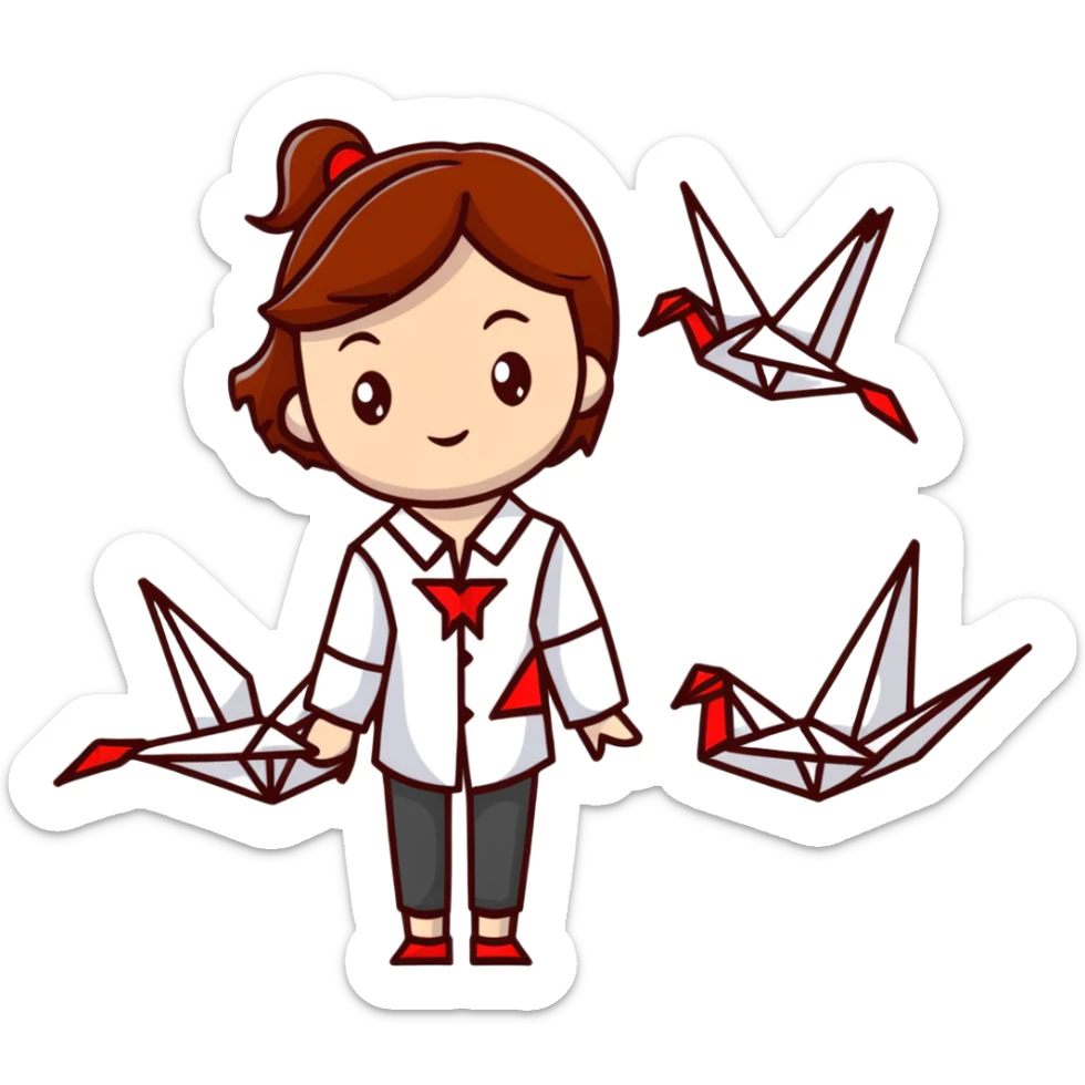 A happy Ukrainian young girl with brown hair in a white embroidered shirt makes an origami red crane craft sticker