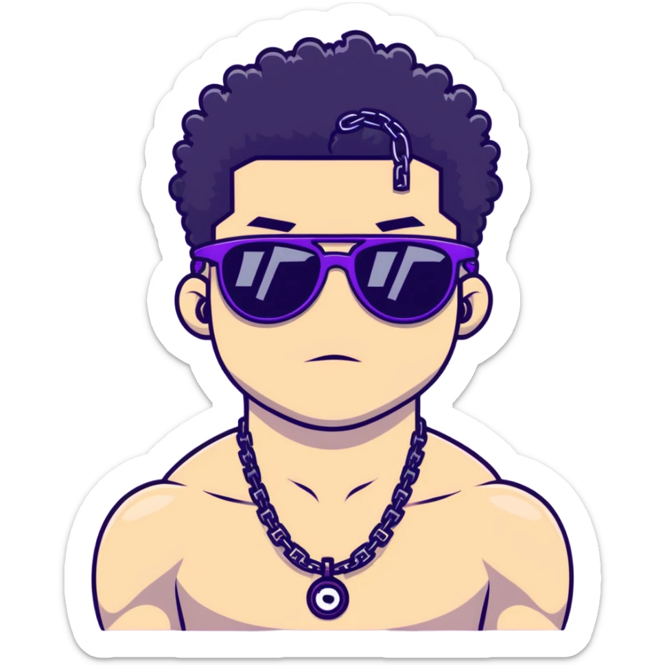 shirtless male athlete with white skin and moderately curly black hair on top with shaved sides, wearing purple sunglasses with very dark heavily tinted black lenses, and a simple plain black chain necklace, no earrings or other jewelry sticker