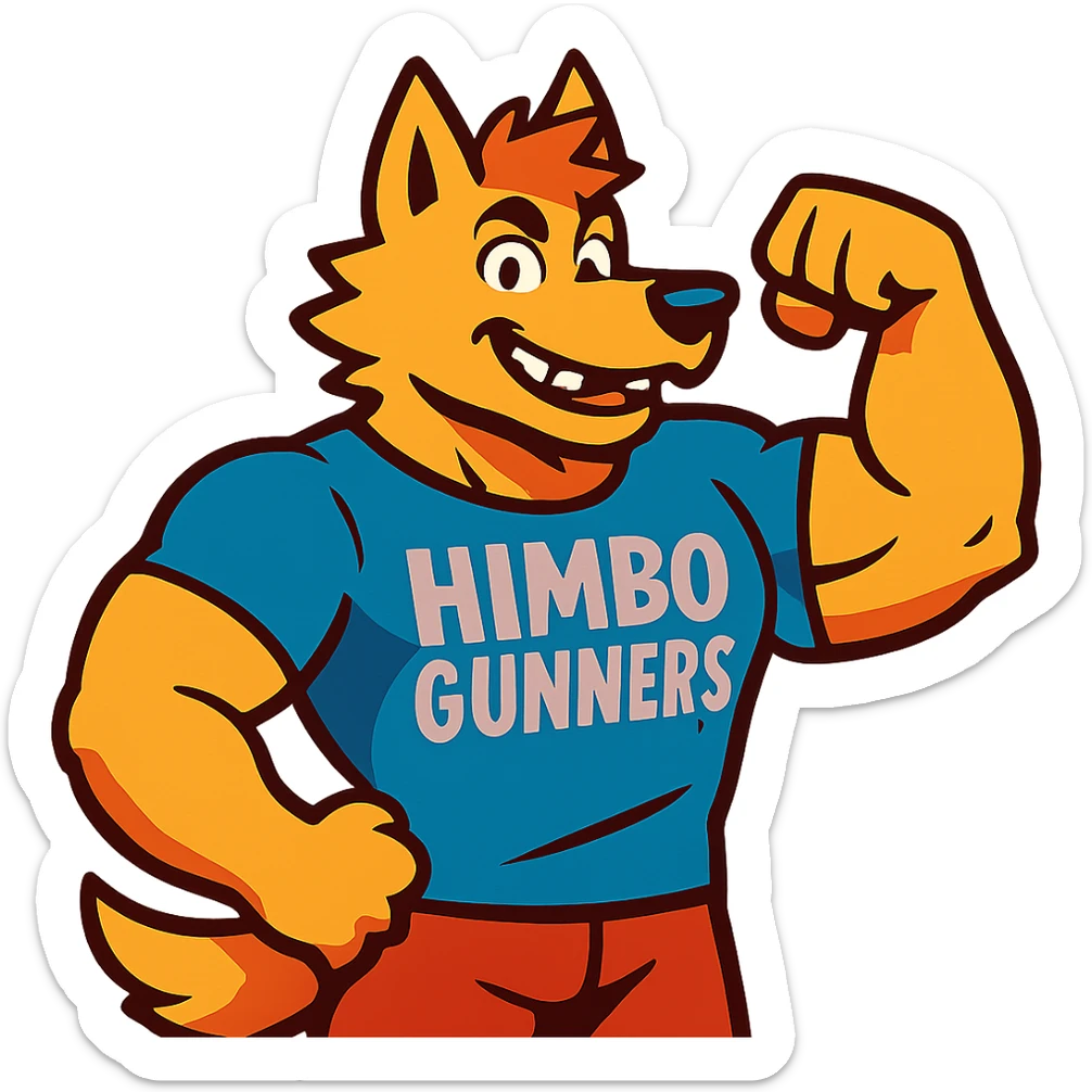 muscular furry character wearing a t-shirt that says 'Himbo Gunners' sticker