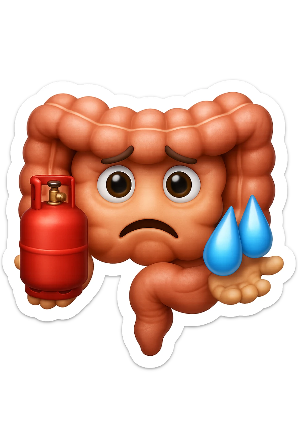 EMOJI STILE IPHONE DI un'intestino preoccupato che ha una bombola di gas in mano e due gocce di acqua in 3d nell'altra mano, IPERREALISTICO 4K sticker