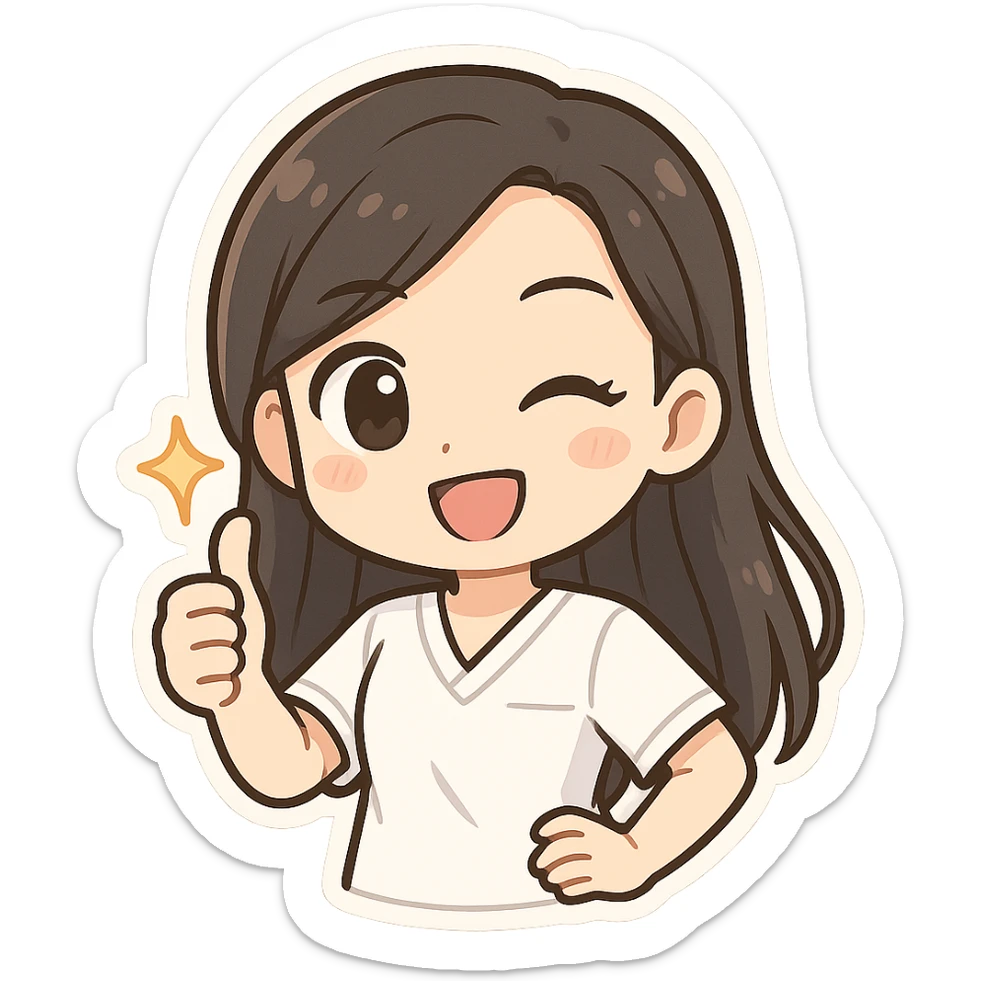 3D chibi bitmoji style sticker of a girl with long dark hair, white medical top, winking and giving a thumbs up, white outline sticker