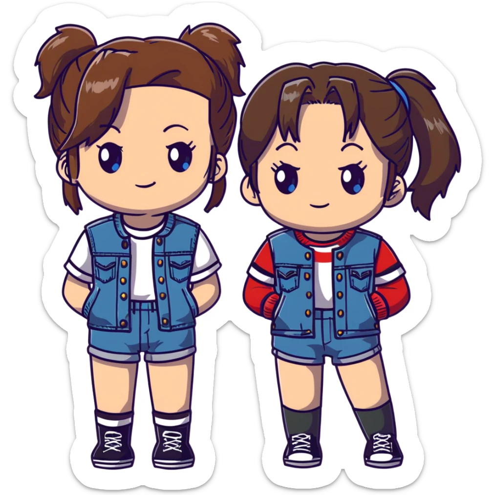 Two anime girls who are best friends, both with brown shoulder length hair. First girl has blue-green eyes, wearing black and white striped t-shirt, denim jacket, and denim shorts. Second girl has brown eyes, wearing denim overalls, with hair in a ponytail secured by a claw clip. sticker