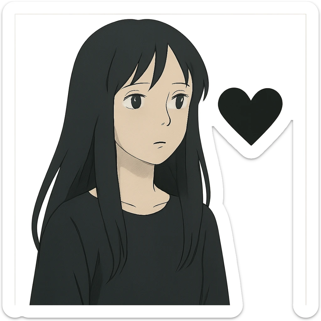 ghibli style pale girl with long black hair and a black heart sticker