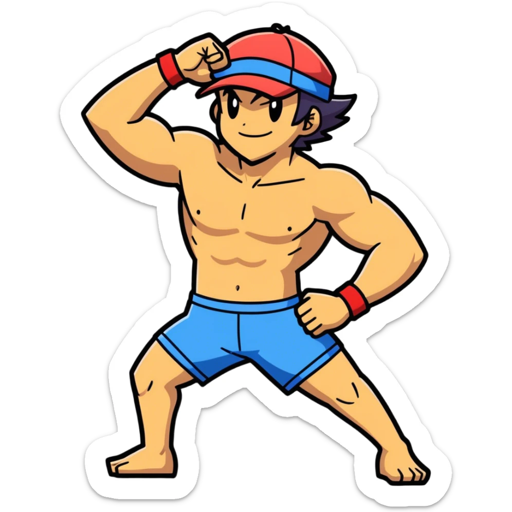 Bara style Hot handsome very muscular 6ft 5inch tall smiling happy fun shirtless Ash Ketchum dancing to techno with two best friends in short swimwear sticker