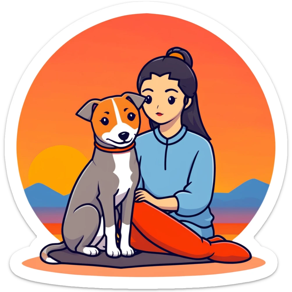 A very beautiful and attractive 25-year-old Chinese woman with long flowing black hair and a SOLID DARK GREY whippet sitting together during a beautiful sunset. The whippet MUST be COMPLETELY SOLID DARK GREY with ABSOLUTELY NO WHITE MARKINGS ANYWHERE - no white chest, no white face, no white paws, no white tip on tail - ENTIRELY ONE SOLID DARK GREY COLOR throughout the entire dog. Orange and red sunset sky in the background. sticker