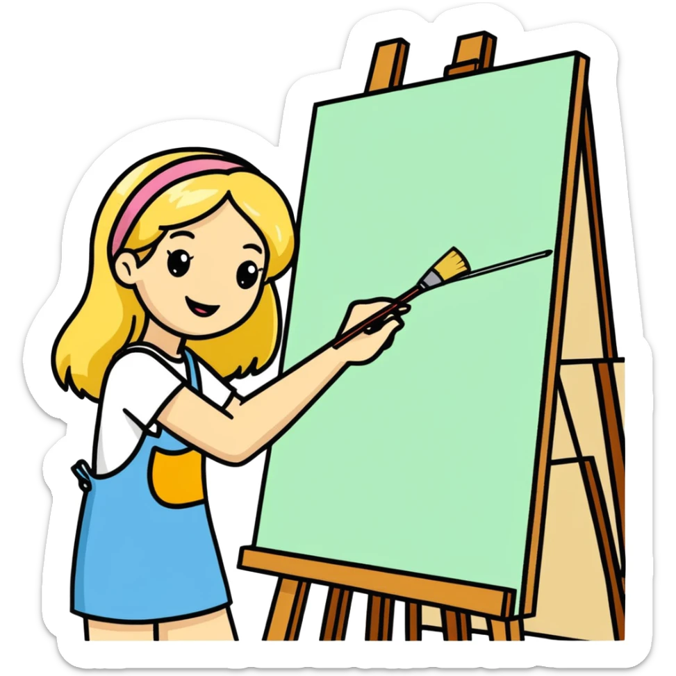 Woman with sandy blonde hair painter/artist painting a big canvas that reads “ANOTHER ONE BITES THE DUST - HAPPY BIRTHDAY” in 60’s hippie style painting sticker