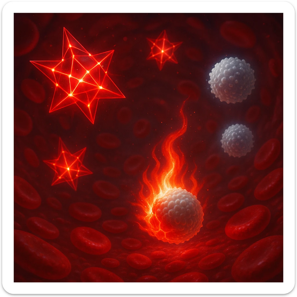 semi-realistic surreal illustration of omega-6 molecules in bloodstream, red, sharp, and luminous, triggering inflammation with flames or red signals upon contact with healthy cells, nearby defensive white blood cells, luminous effects, surreal medical style sticker