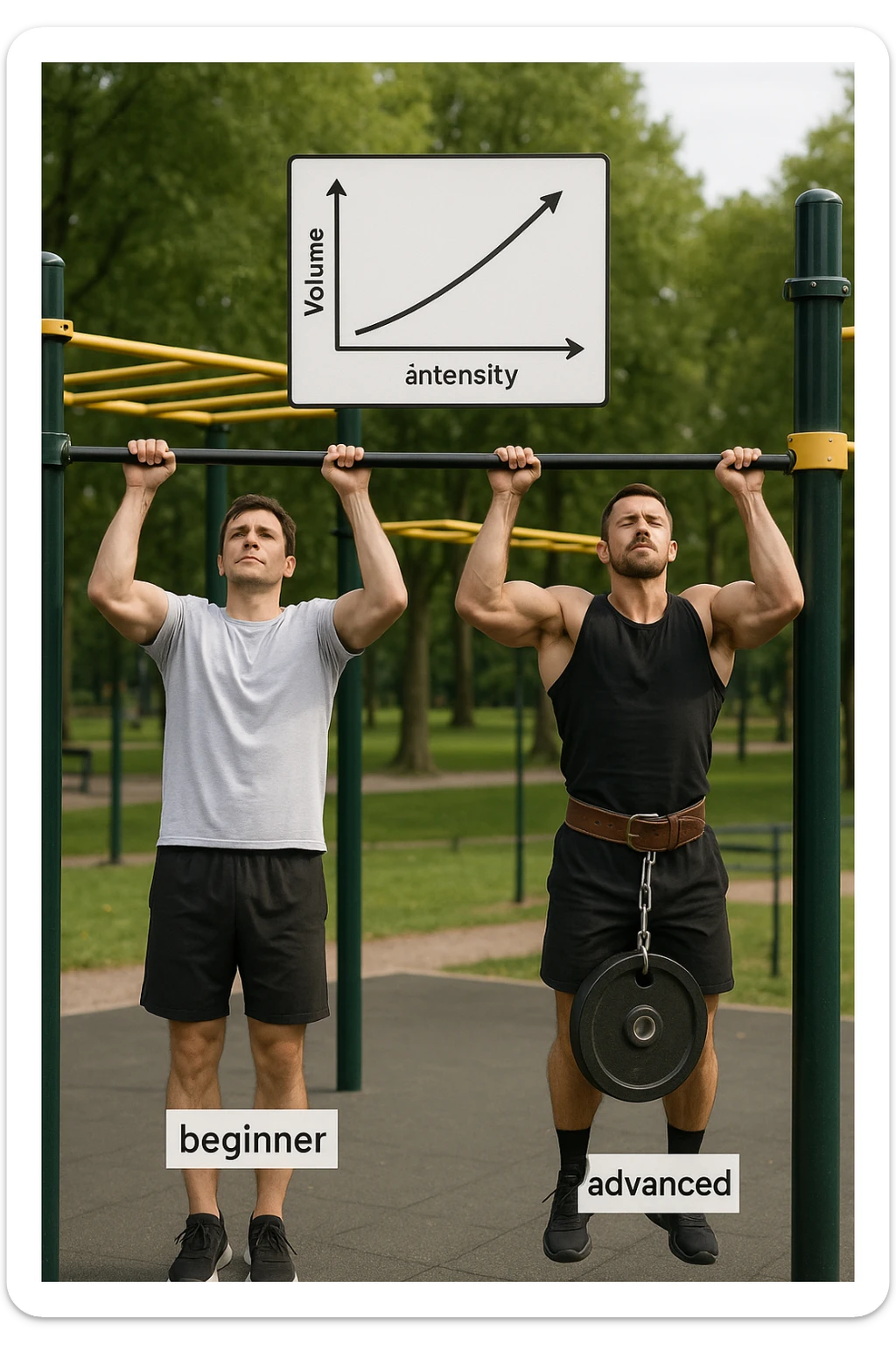 Due atleti fianco a fianco in un parco attrezzato: a sinistra il neofita che fa 10 trazioni leggere con concentrazione, a destra l’atleta avanzato con cintura zavorrata che fa 3 ripetizioni lente e pesanti. Tra loro, grafico sospeso in aria che mostra: 'Volume → neofita | Intensità → avanzato'. Stile realistico con elementi educativi visivi sticker