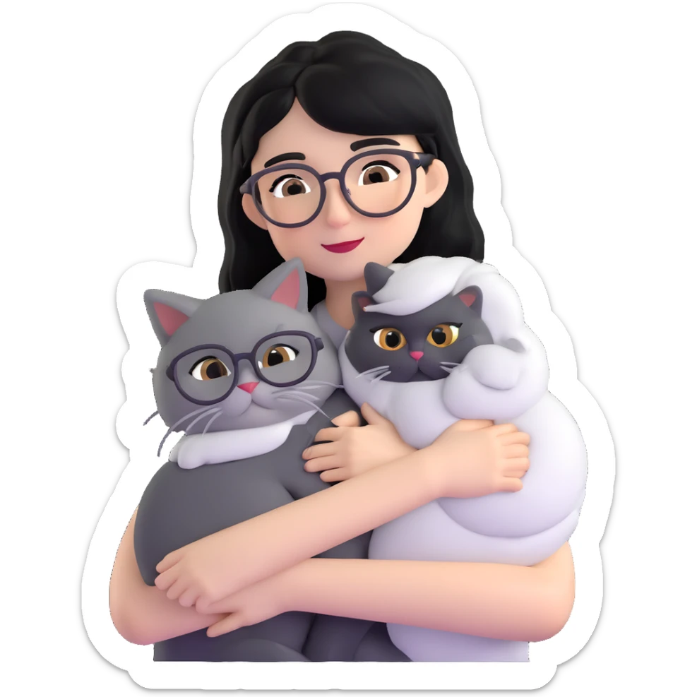 Skinny woman with oval glasses, shoulder length straight black hair, wearing white sleeveless top, hugging a grey Persian-Angora cat, plain background sticker