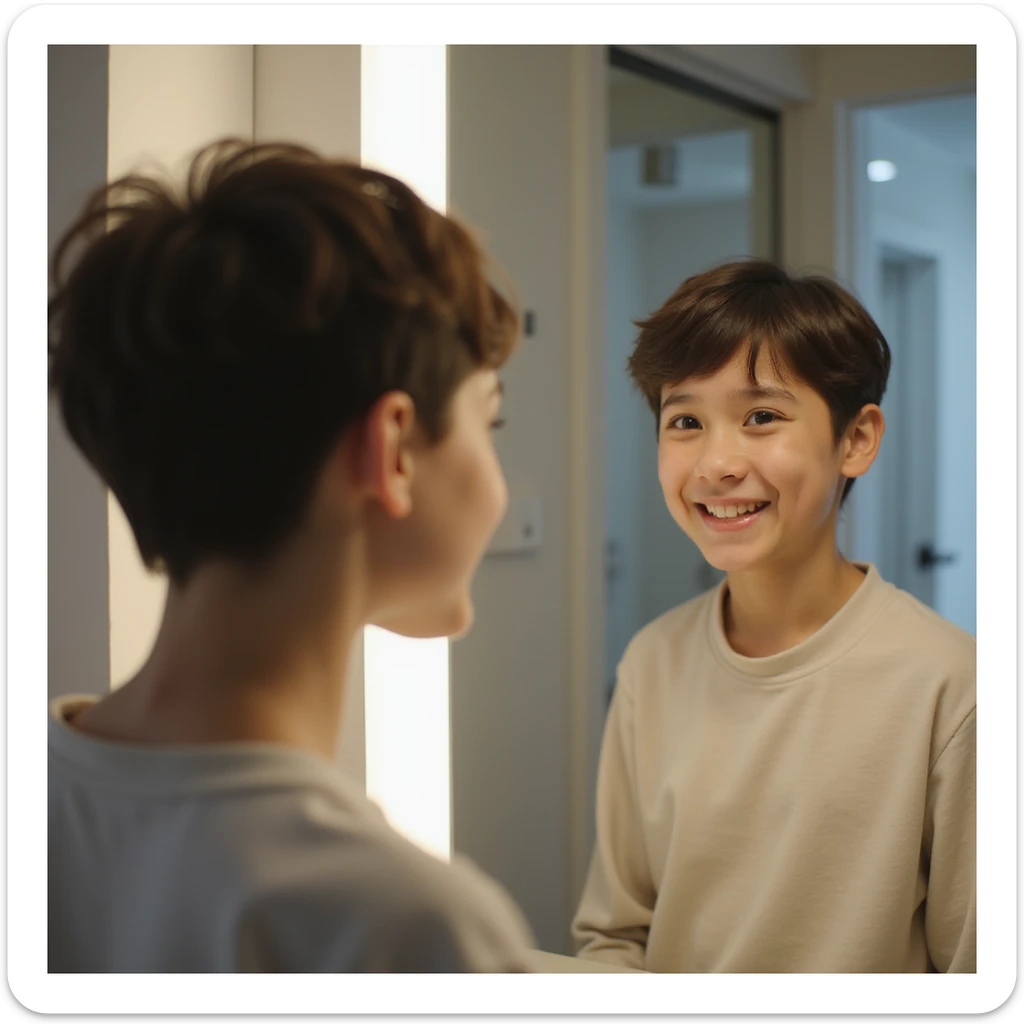 girl with short hair looking at herself in the mirror after a major haircut, expression mixed with pride and insecurity, modern bathroom, hyperrealistic 4K details sticker