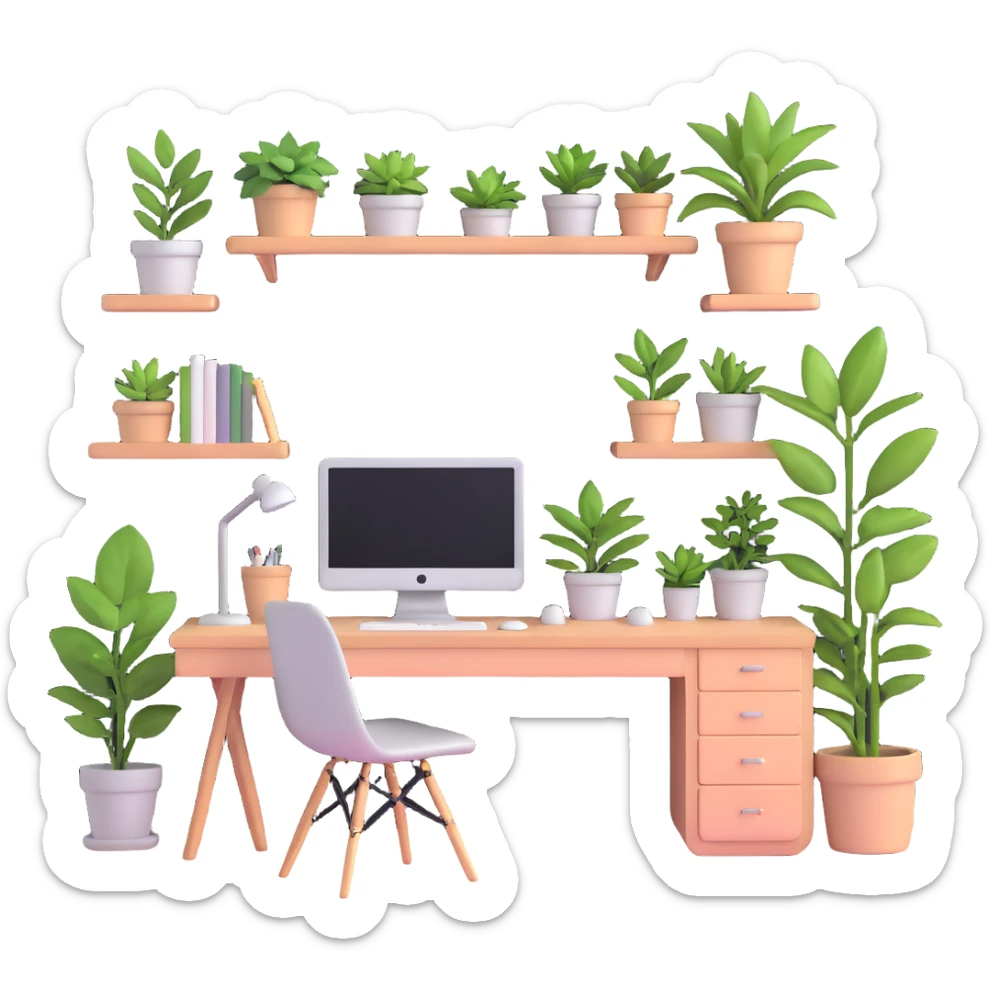 beautiful minimalist girl aesthetic bedroom with soft colors, organized desk, plants, and clean lines sticker