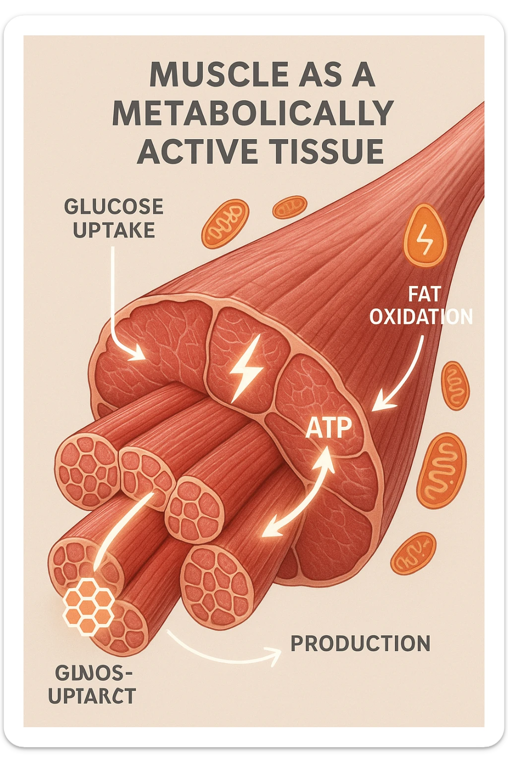 a highly detailed cross-section of human skeletal muscle fibers, shown in vibrant red and pink tones, with visible striations and realistic texture. Glowing arrows and animated icons represent active metabolic processes—such as glucose uptake, fat oxidation, and ATP production—occurring within the muscle tissue. Surrounding the muscle, floating symbols for mitochondria and energy highlight its metabolic activity. The background is clean and clinical, with subtle labels and infographics explaining that muscle is a metabolically active tissue. The overall style is modern, scientific, and visually engaging, suitable for educational or medical use. sticker