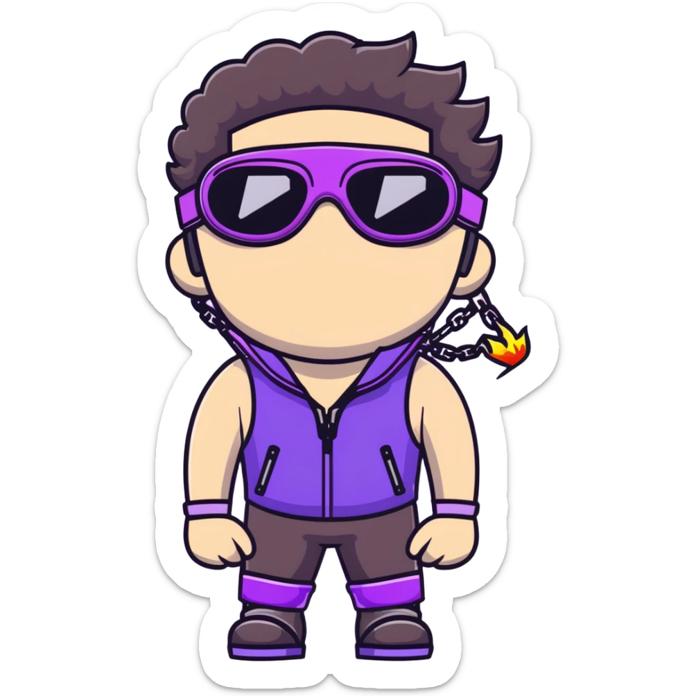 close-up of bad guy male athlete with white skin and moderately curly dark brown hair on top with shaved sides, wearing ski goggles with purple frames and very dark black lenses, a simple plain black chain necklace, and a completely unzipped sleeveless vest with purple and black sequin fire pattern design with no logo, with an extremely arrogant sneer on his face, looking menacing and villainous, exuding overconfidence and a threatening aura sticker