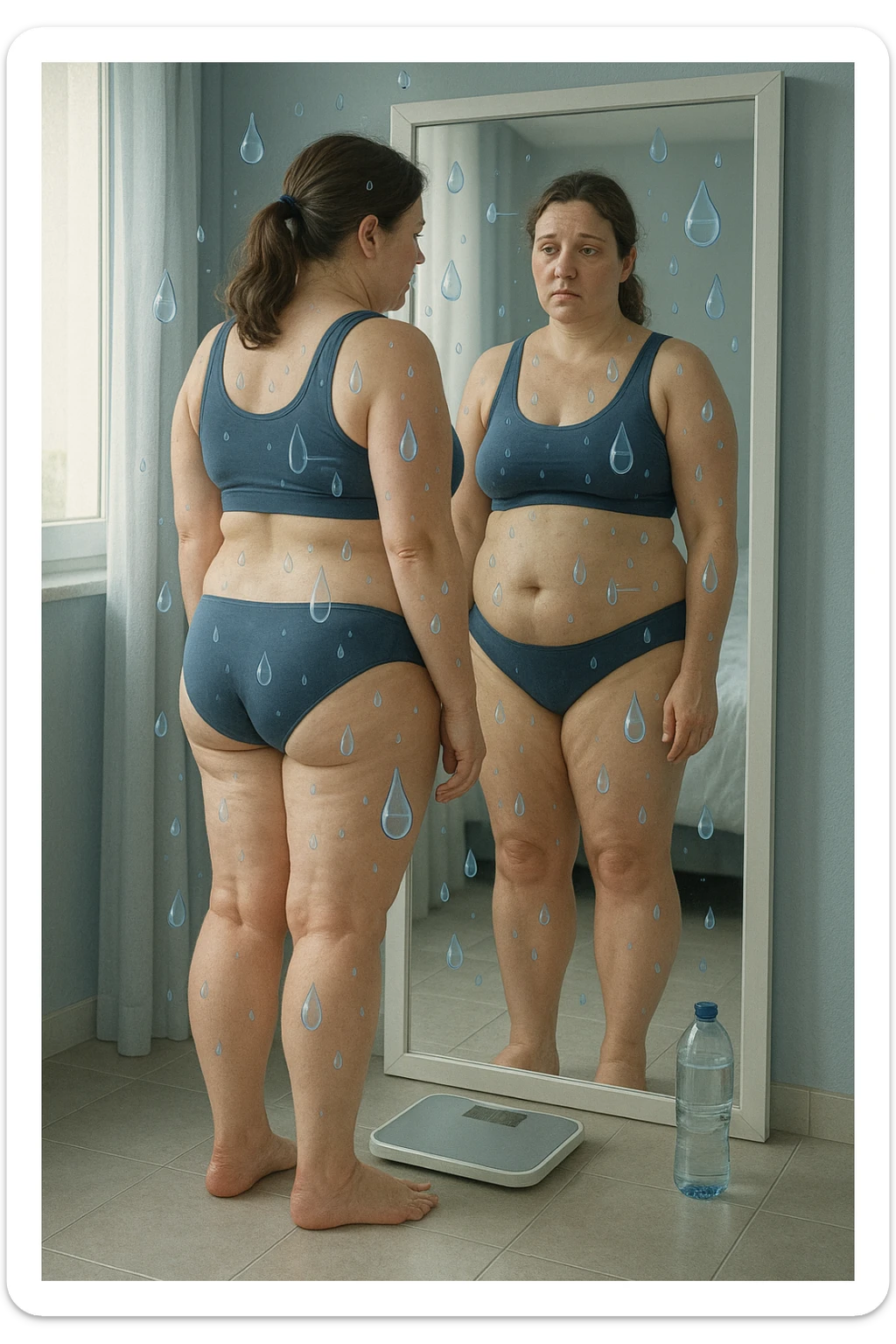 Donna tra i 30 e i 40 anni con viso e corpo leggermente gonfi, in piedi davanti allo specchio in abbigliamento sportivo o intimo. Le gambe, le caviglie e l’addome appaiono visibilmente gonfi, con lieve arrossamento o sensazione di pesantezza. Accanto a lei una bilancia e una bottiglia d’acqua mezza piena. Espressione stanca ma consapevole. In trasparenza o simbolicamente, piccole gocce d’acqua o flussi liquidi bloccati, per rappresentare la ritenzione. Colori freddi, luce naturale e ambiente domestico. Stile realistico, con accenti simbolici ben comprensibili sticker