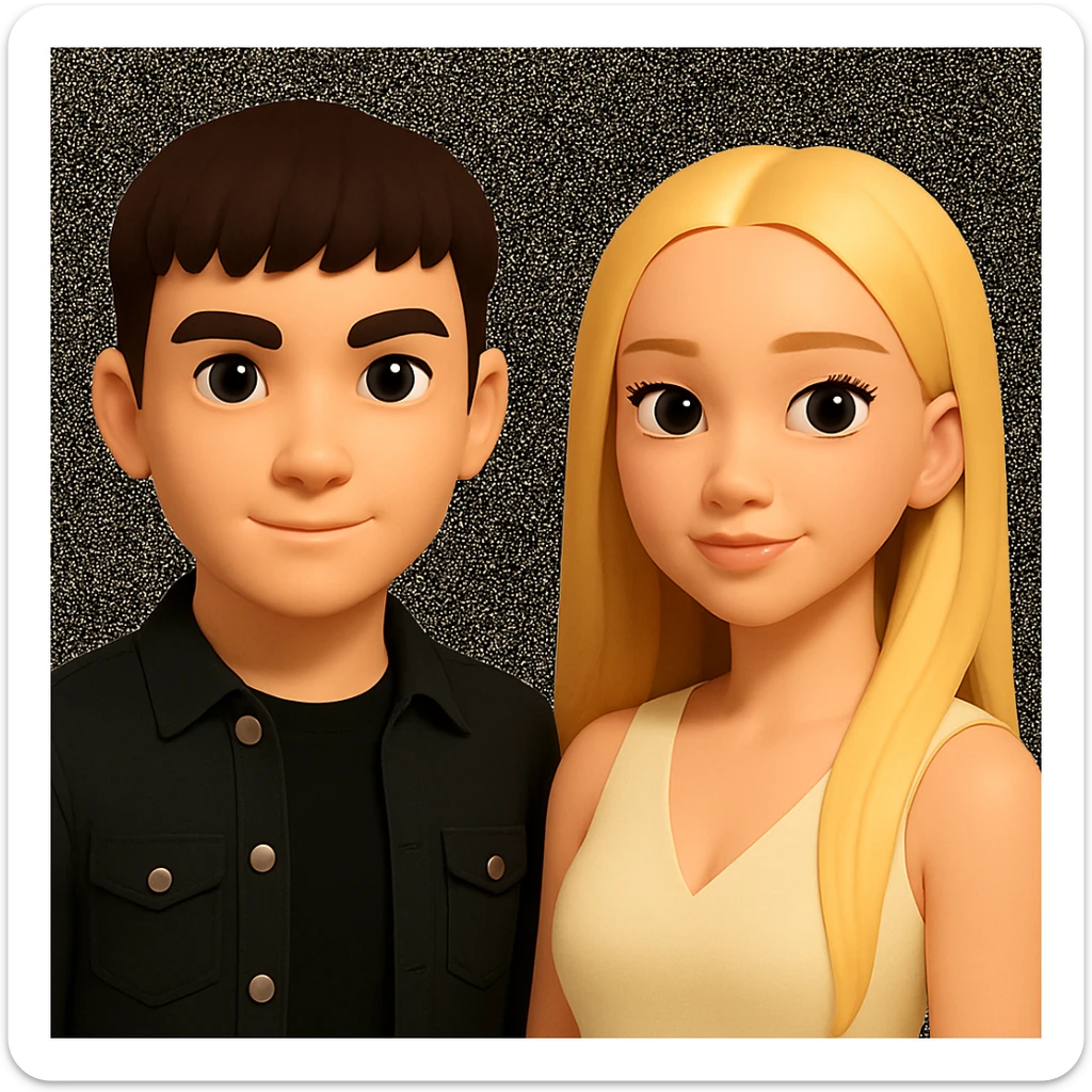 Slightly increase the volume of the upper body of the girl, significantly spread them apart from each other, make the skin color the same for both characters, keep the cartoon style as in the reference image. sticker