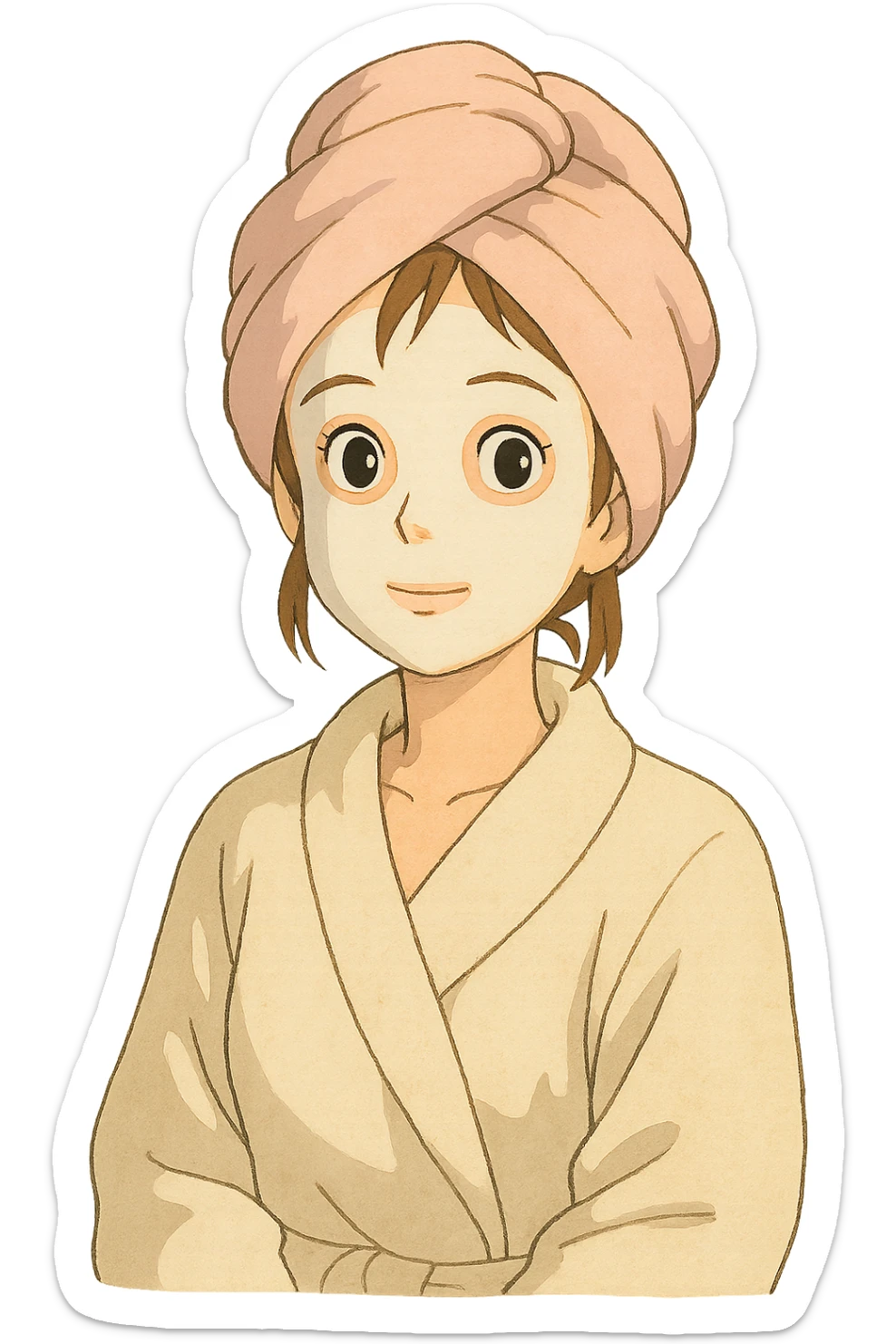 a girl with brown hair, wearing a bathrobe and a pastel pink towel turban, with a white facial mask, ghibli style sticker
