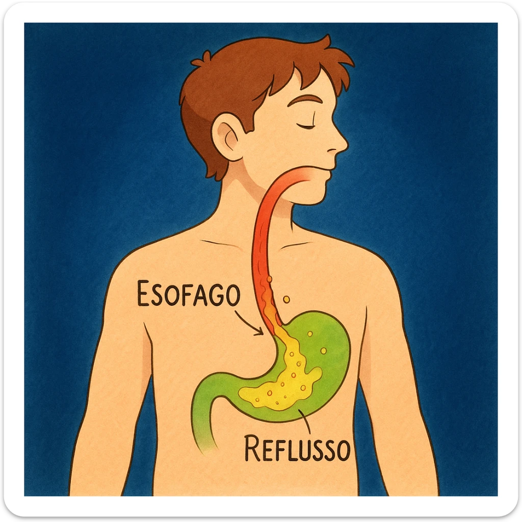 Medical illustration in Italian: stylized man, red esophagus, acid rising from the stomach. Labels: 'Esofago', 'Stomaco', 'Reflusso'. Dark blue background, illustrative style. sticker