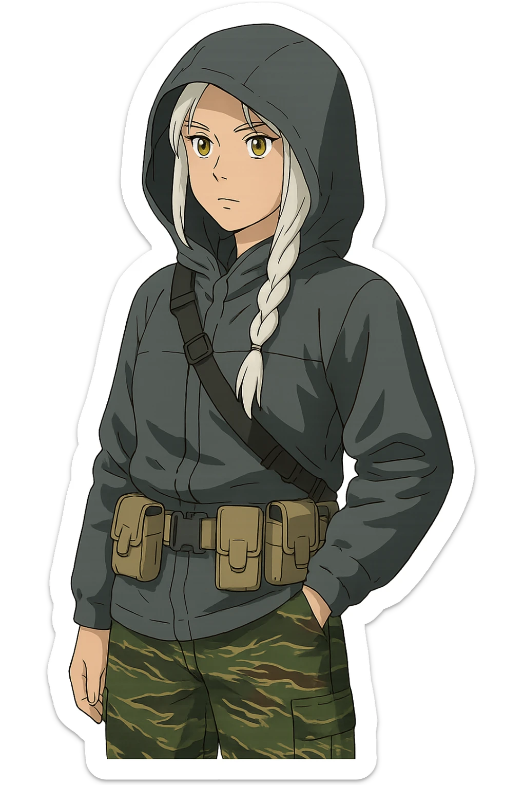 1 female, mid-20's  white hair long braid, gold yellow eyes, gray waterproof tactical shirt hoodie, hood up, single point sling, tan mag pouches on belt rig, tiger stripe camo pants,  sticker