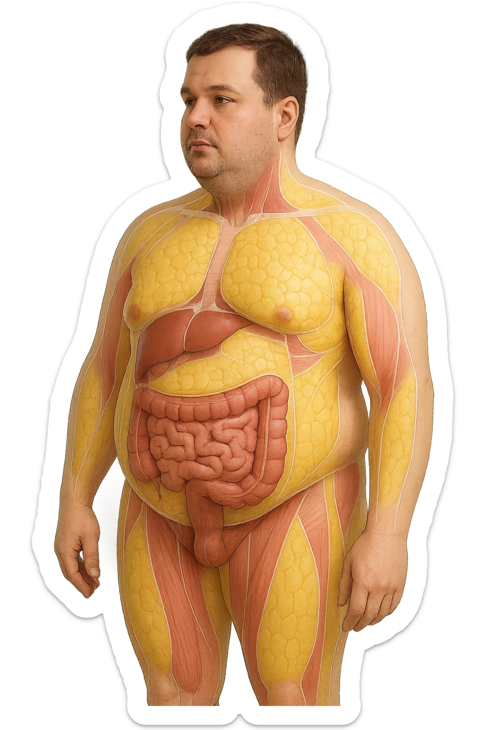 an adult man with a visibly overweight physique stands in a clinical setting. Semi-transparent overlays highlight areas of fat accumulation, especially around the abdomen, chest, and thighs. The fat tissue is shown in yellow, contrasting with underlying muscles and organs. The background is clean and modern, emphasizing the educational aspect. senza scritte sticker