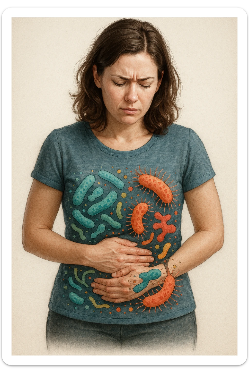 Donna con disequilibrio della flora microbica intestinale 4k sticker