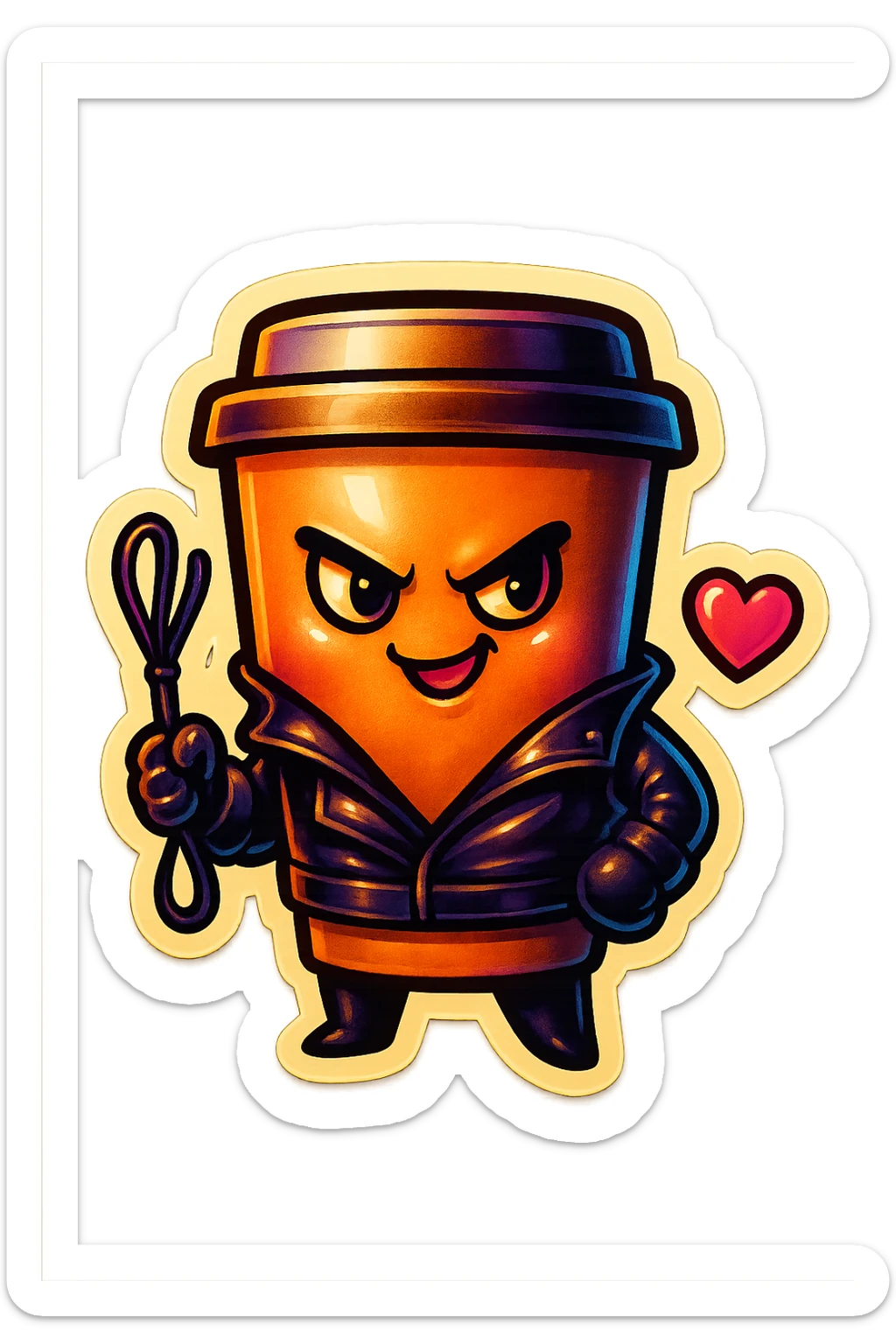 Tall coffee cup, dressed in leather holding a whipping paddle, mischevious, heart sticker