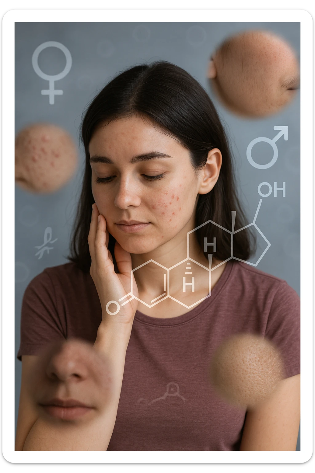 A young woman is surrounded by faint overlays of hormonal symbols and androgen molecules, with shadowy images of acne, facial hair, and oily skin projected around her, symbolizing the symptoms of PCOS with androgen excess. She looks down, gently touching her face with a resigned but hopeful expression, symbolizing her journey toward managing these symptoms. in italiano sticker