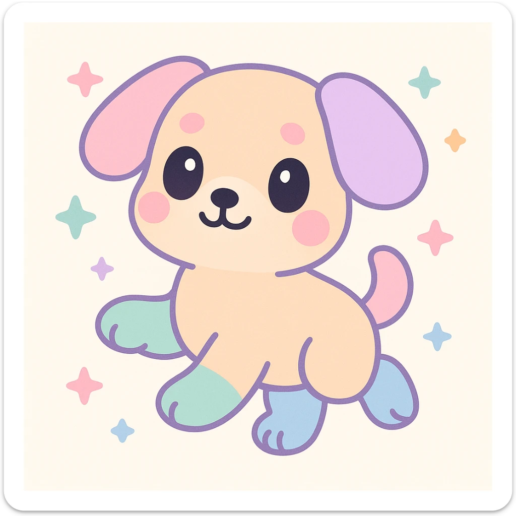 cachorro brincando, estilo delicado e colorido de Hikaru Kotz, traços suaves, cores vibrantes, expressão divertida, detalhes artísticos, fundo claro sticker