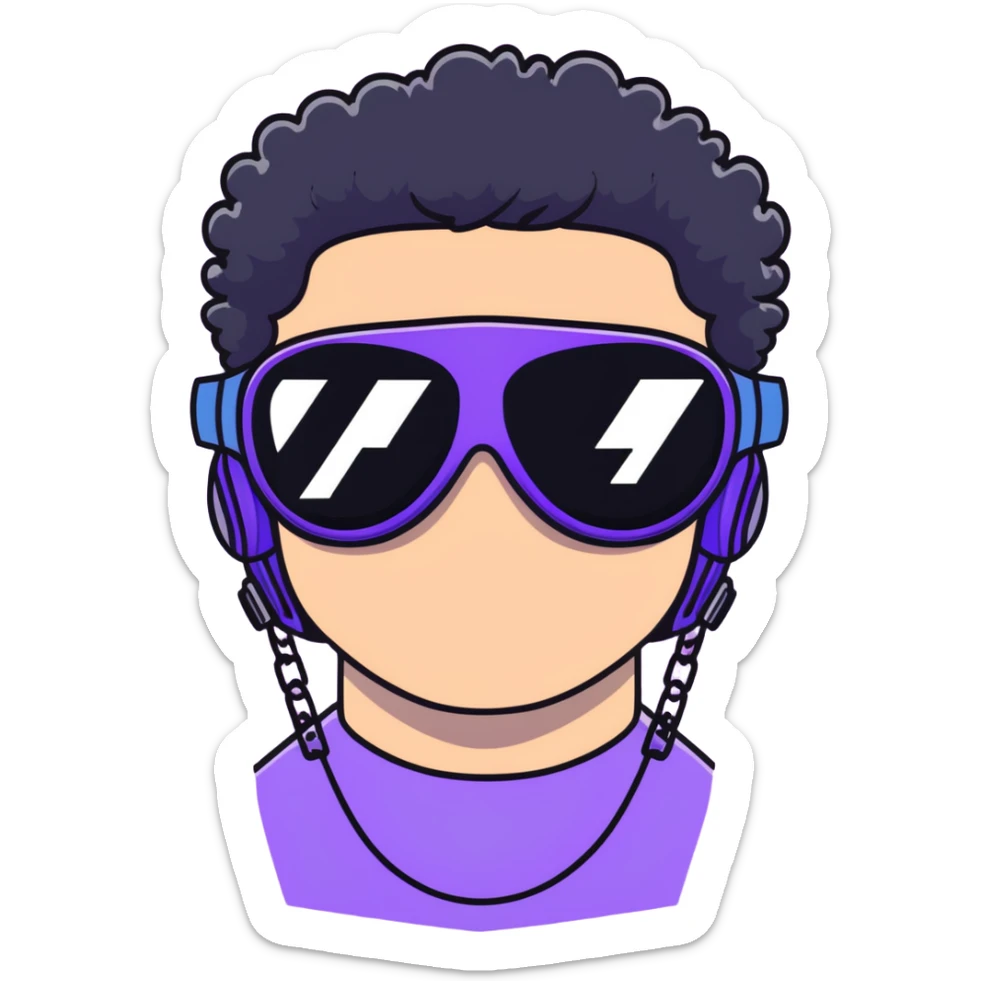 shirtless male athlete with white skin and moderately curly black hair on top with shaved sides, wearing ski goggles with purple frames/outline and very dark heavily tinted black lenses that completely hide the eyes, and a simple plain black chain necklace, no earrings sticker