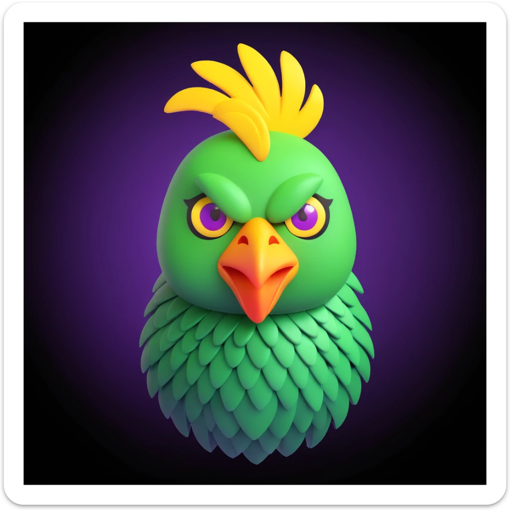 3D cartoon emoji of a chicken-alien hybrid with a geometric green head, off-center chicken comb, three luminous yellow eyes, metallic beak, jagged purple scales for feathers, toxic green background, sharp lines, strong contrast sticker
