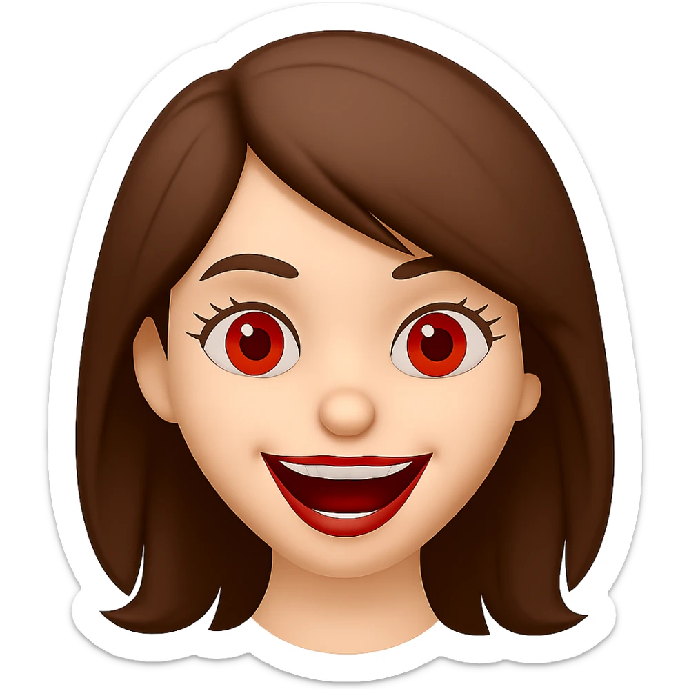 Change hair color to brown, keep white girl with red eyes, cute but scary face laughing, in emoji style similar to apple style emojis, concise prompt. sticker