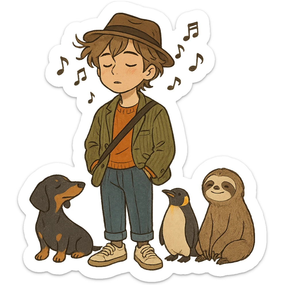 ghibli style trendy, sleepy musician with musical notes, wearing fashionable outfit, with dachshund, penguin, and sloth sticker
