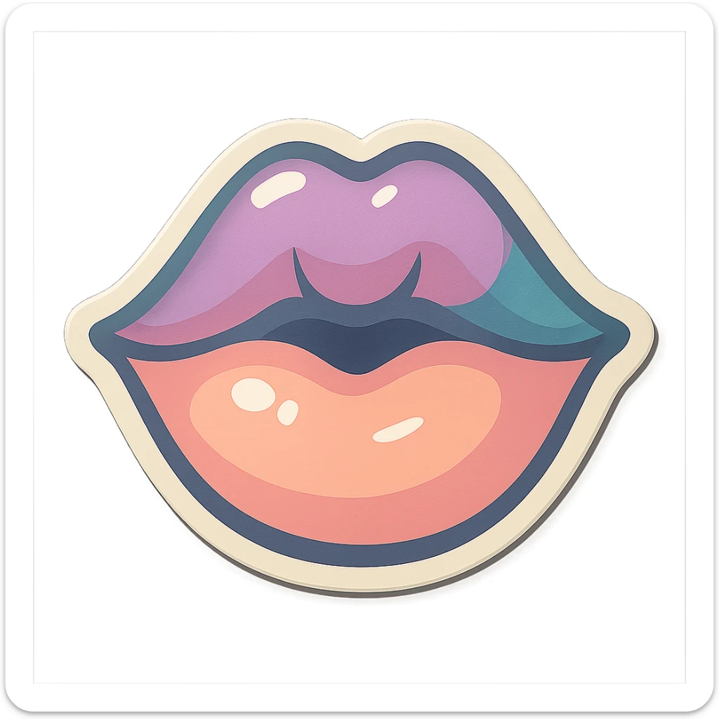 lips with a slight smile kissing the screen as if kissing the viewer, retro stickers style, thin clean contours, soft rounded shapes, pastel palette #98B5BC, #B5B3C1, #C9A3C9, #E4C0CA, #F7DCD1, #F7C0AA, detailed shadows and highlights, soft lighting, transparent background, no decorative elements sticker