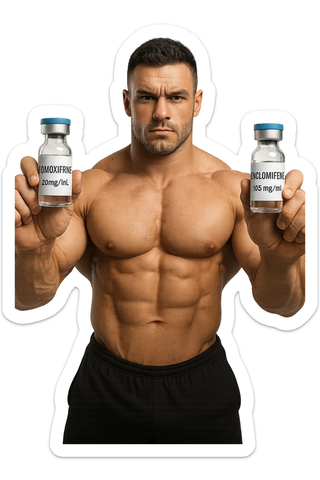 bodybuilder tiene una fiala medica con la scritta "TAMOXIF€NE" NELLA MANO DESTRA E UNA FIALA CON LA SCRITTA €NCL*MIFENE" NELLA MANO SINISTRA sticker
