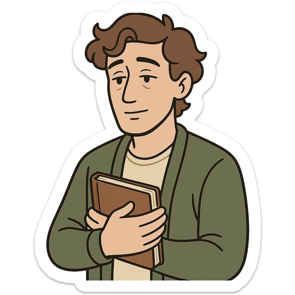 Calm and thoughtful male confidant, fair skin, soft wavy brown hair, gentle eyes, wearing a green cardigan over a light shirt, holding an open journal close to chest, waist-up, front-facing, pure background sticker