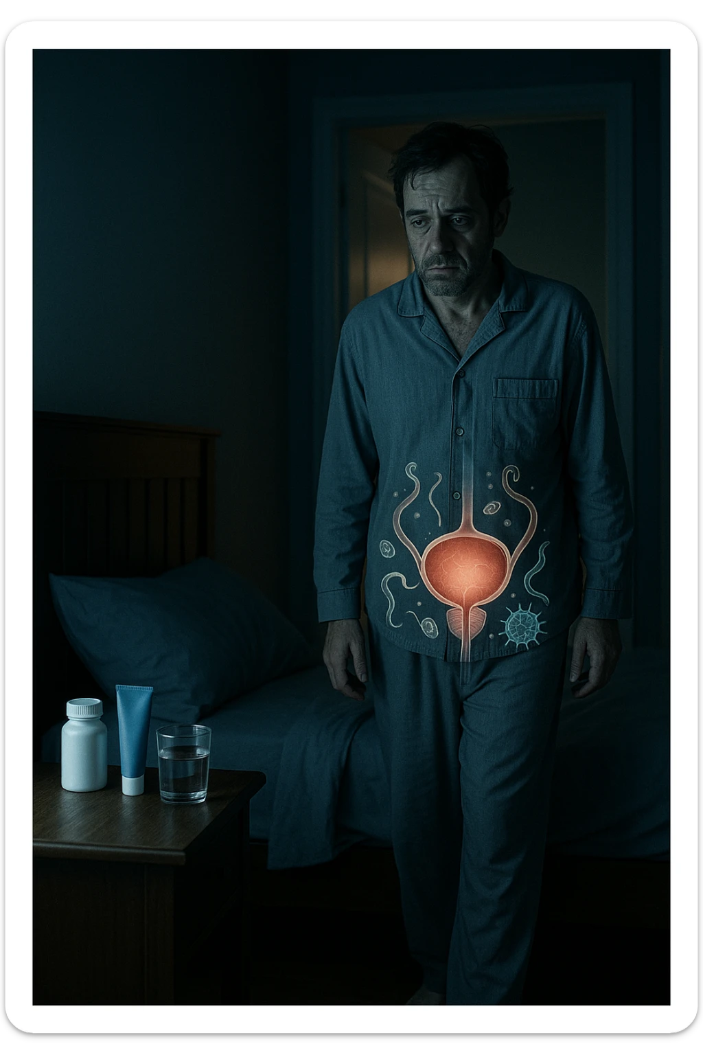 A cinematic night scene showing a man in his late 30s walking stanco verso il bagno in penombra, con la luce fioca che filtra da sotto la porta. Indossa abiti da notte sgualciti, ha un’espressione stanca e il volto scavato dalla mancanza di sonno. Sul comodino accanto al letto ci sono creme mediche, integratori e un bicchiere d’acqua. Una leggera sovrapposizione simbolica mostra, in trasparenza sul corpo, un’area anatomica maschile con presenza di microrganismi parassitari (raffigurati in stile medico-scientifico, non grottesco). Il contrasto visivo fa capire che la causa della nicturia è interna e nascosta, non visibile all’occhio umano. Illuminazione fredda, stile 35mm con profondità emotiva e sottile tensione clinica. sticker