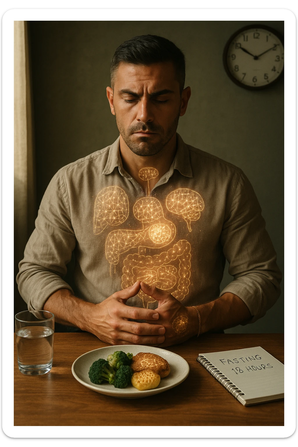 A cinematic close-up of a focused man in his mid-30s with slight beard and tired but determined eyes, sitting alone at a simple wooden table with an untouched plate of food in front of him. His hands are clasped, fingers interlocked in a meditative position over his lower abdomen, symbolizing willpower and internal balance. He wears a lightweight natural fiber shirt, sleeves rolled up. The lighting is soft and natural, early morning light coming from a nearby window. Around him, visual cues of cellular regeneration — faint glowing patterns subtly overlaying his body, especially near the liver, gut, and brain, suggesting autophagy and deep healing. The room is minimalist: a glass of water, a notebook with fasting hours, and a clock in the background ticking calmly. The tone is serene, intentional, and deeply introspective. Shot in 35mm cinematic style, warm highlights and clean shadows. sticker