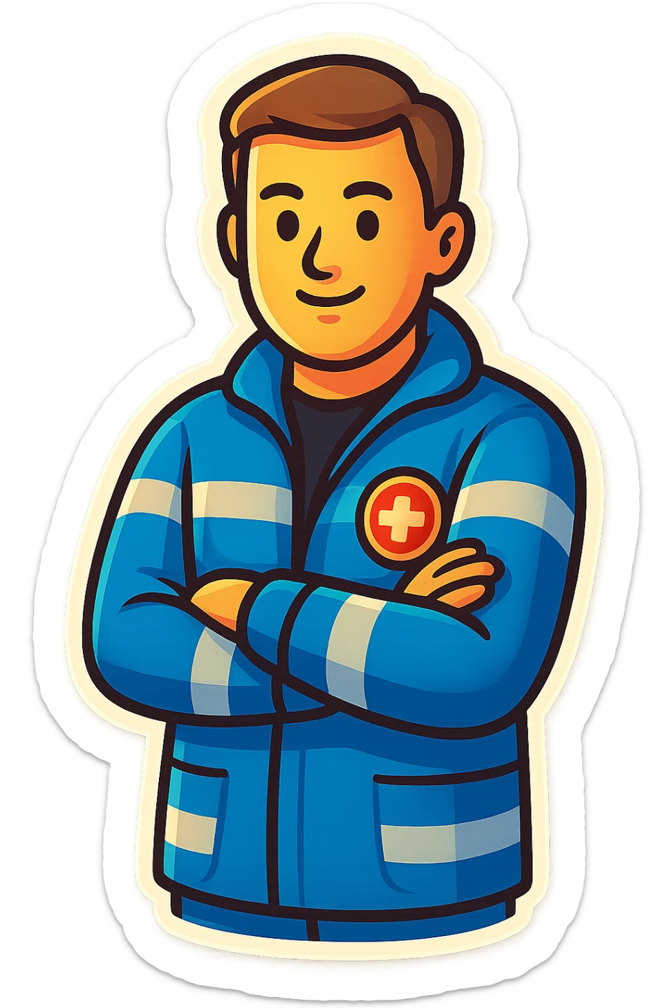 Create an illustrated emoji-style version of a male paramedic in a blue uniform, standing with arms crossed, with a simple background and a friendly expression. The style should be retro stickers emoji style, colorful and clear. sticker
