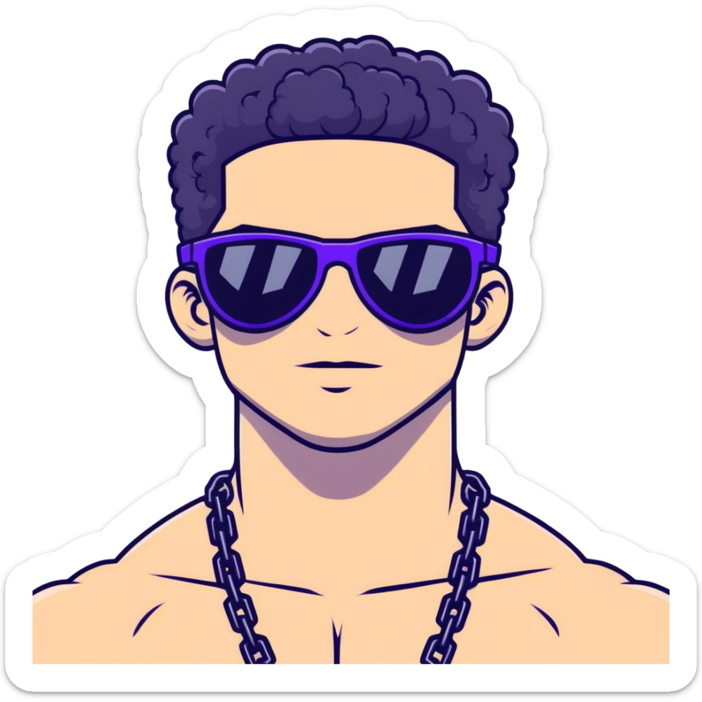 shirtless male athlete with white skin and moderately curly black hair on top with shaved sides, wearing purple sunglasses with very dark heavily tinted black lenses, and a simple plain black chain necklace with absolutely no pendant or decoration sticker