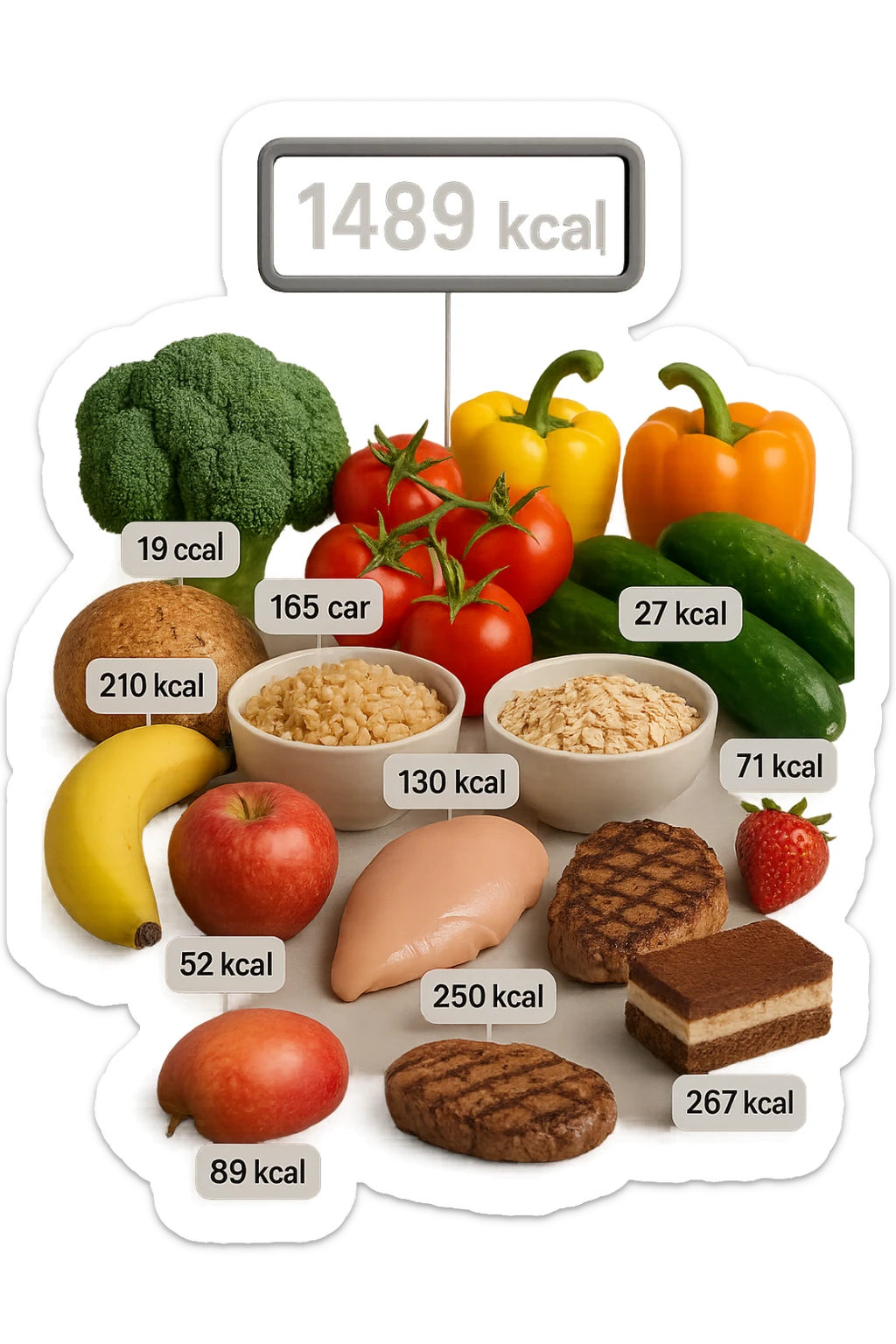 a digital calorie counter hovers above a variety of foods arranged on a table—fruits, vegetables, grains, meats, and desserts. Each food has a floating label showing its calorie content. The background is clean and modern, emphasizing the educational aspect of calorie awareness. scritto in italiano sticker