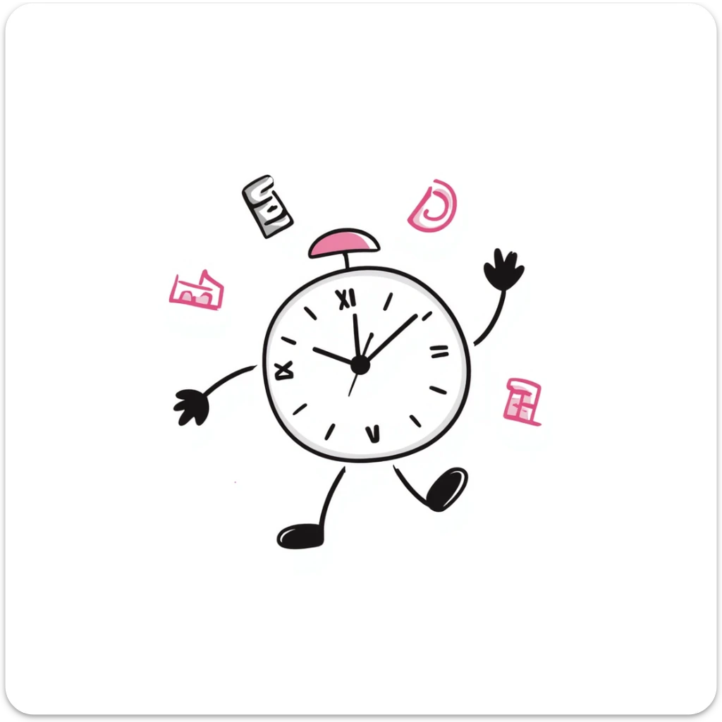 hand-drawn doodle of a clock with numbers flying, pink accents, playful sticker