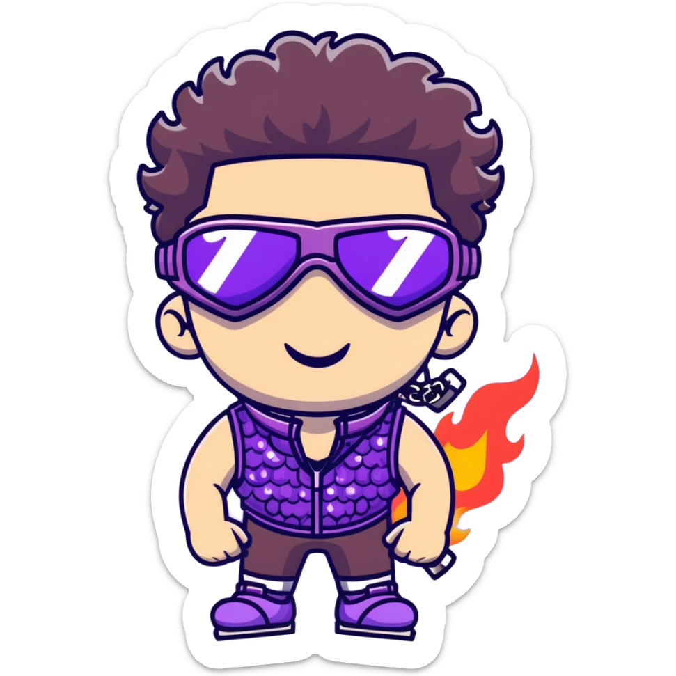 close-up of cool guy male athlete with white skin and moderately curly dark brown hair on top with shaved sides, with one purple ski goggle lens pushed up above his eyes on his forehead, sticking his tongue out of his mouth, a simple plain black chain necklace, and a completely unzipped sleeveless vest with purple and black sequin fire pattern design with no logo sticker