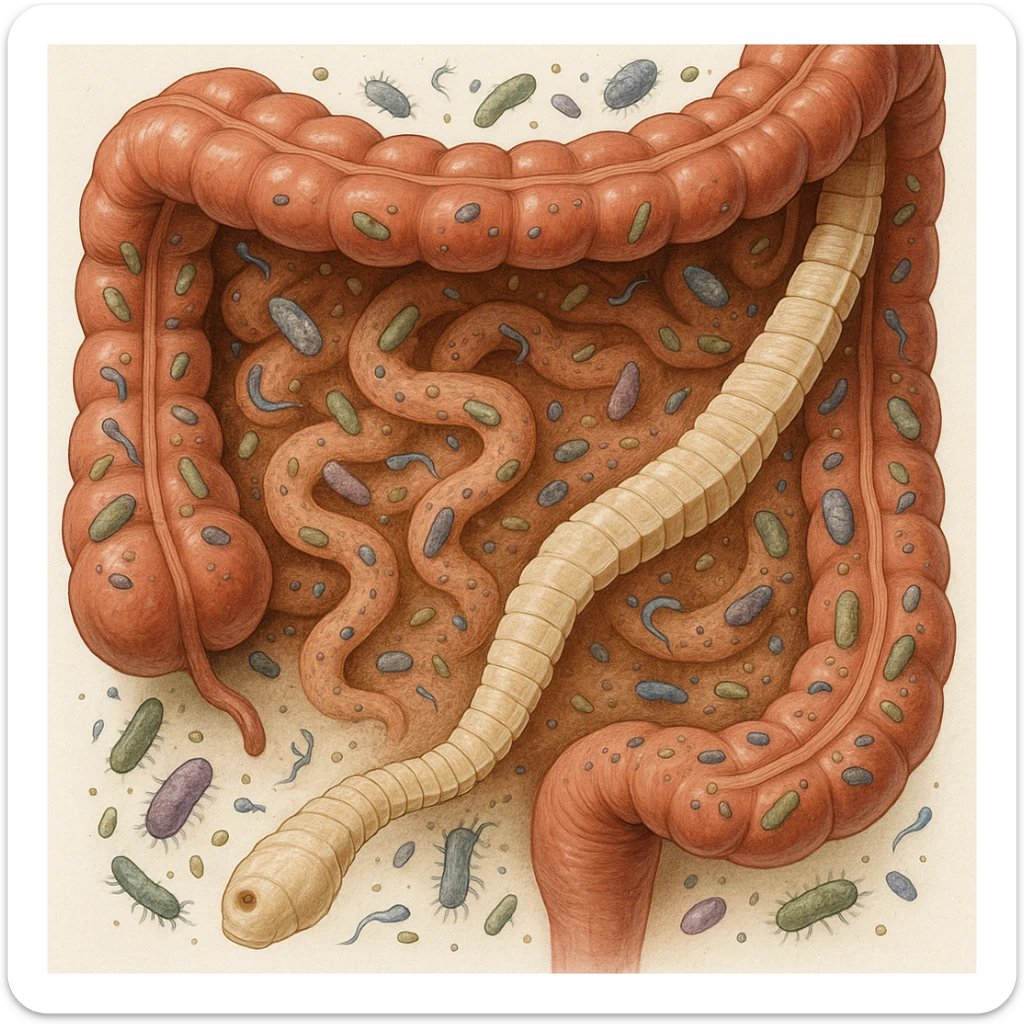 a medical illustration of a human realistic gut with bacteria and parasyte (tenia) realistic  sticker
