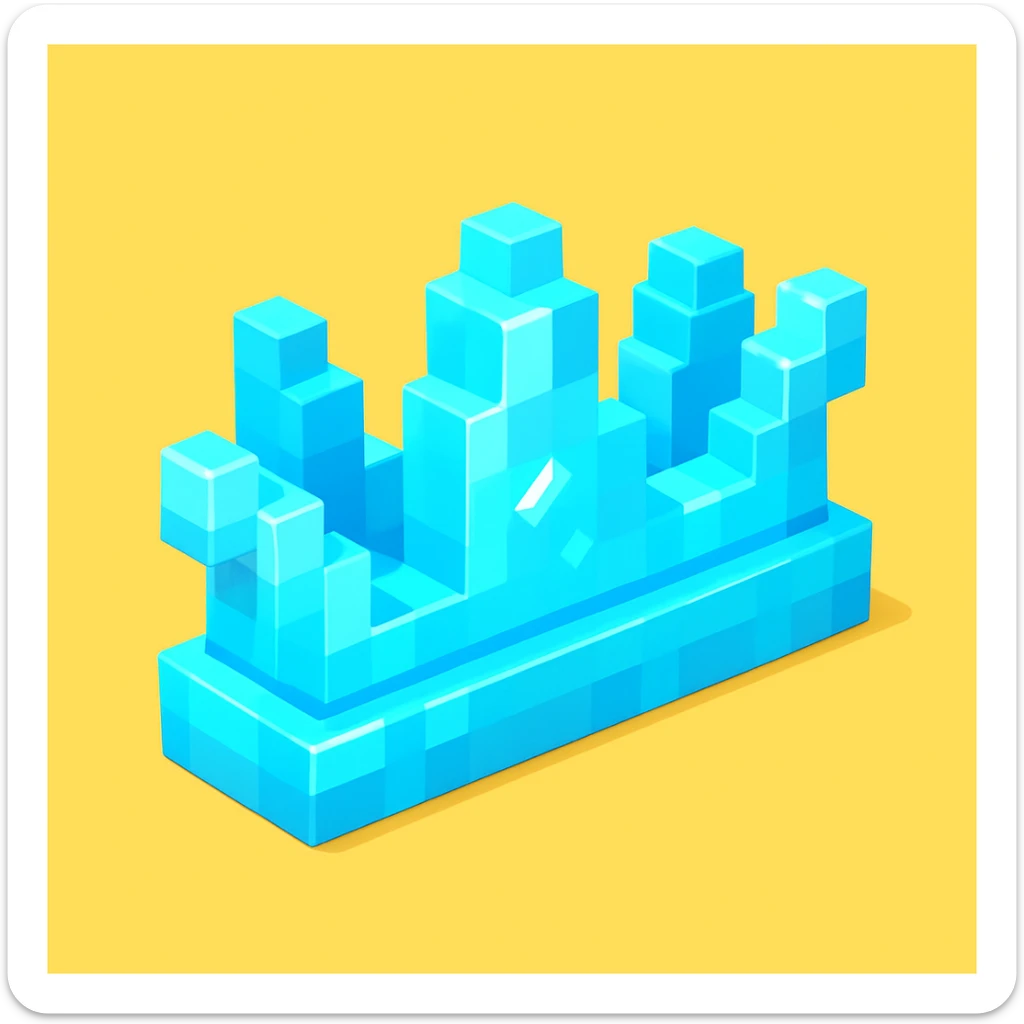 a small but long crown made of ice, blocky 3D cartoon style, Roblox-inspired, playful and shiny sticker