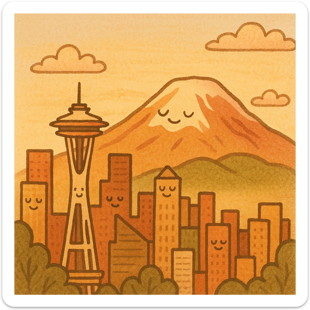 Mount Rainier and Seattle skyline, early morning light, pastel sunrise colors sticker