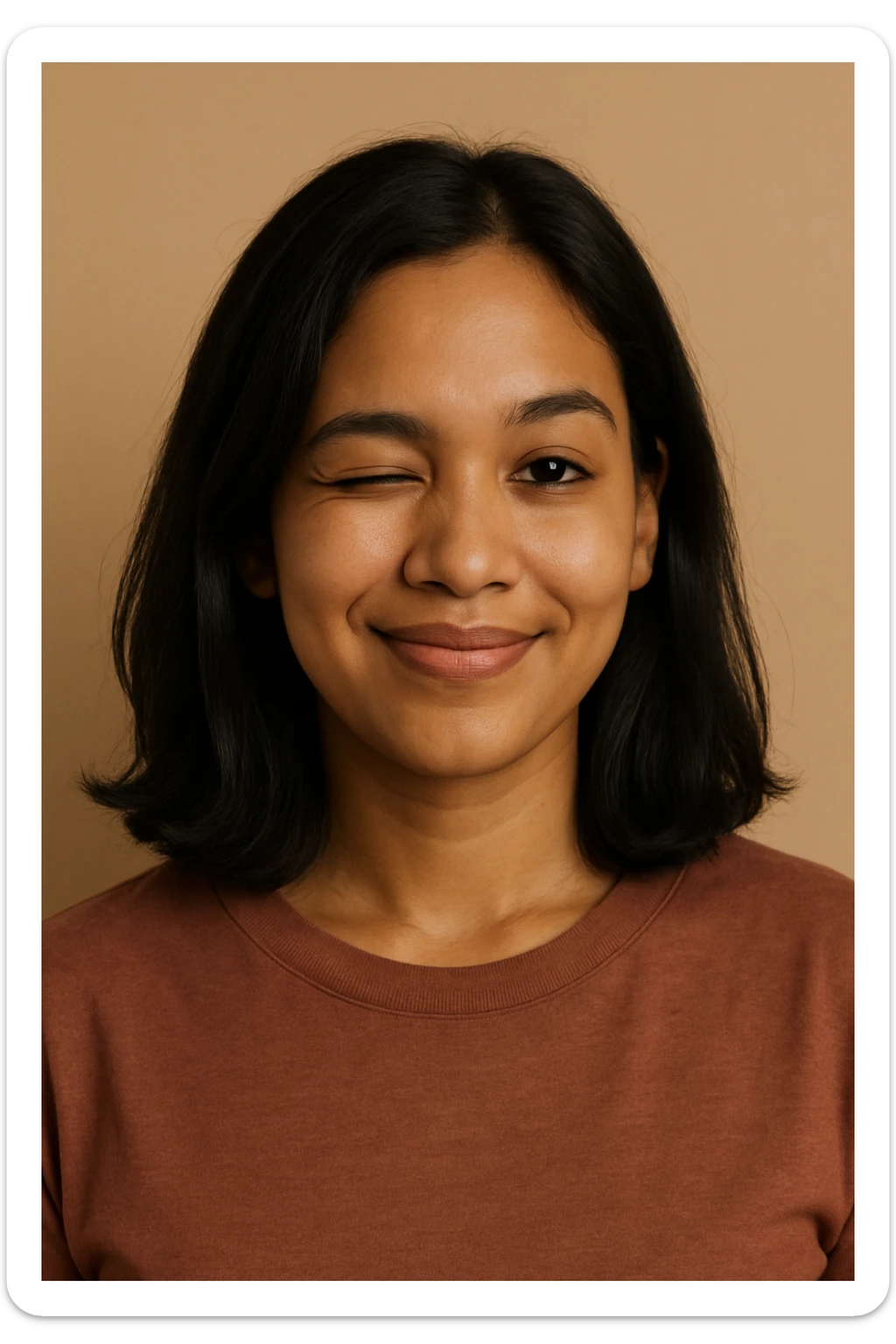 portrait of a light brown skinned female with shoulder length black hair, winking, simple background sticker
