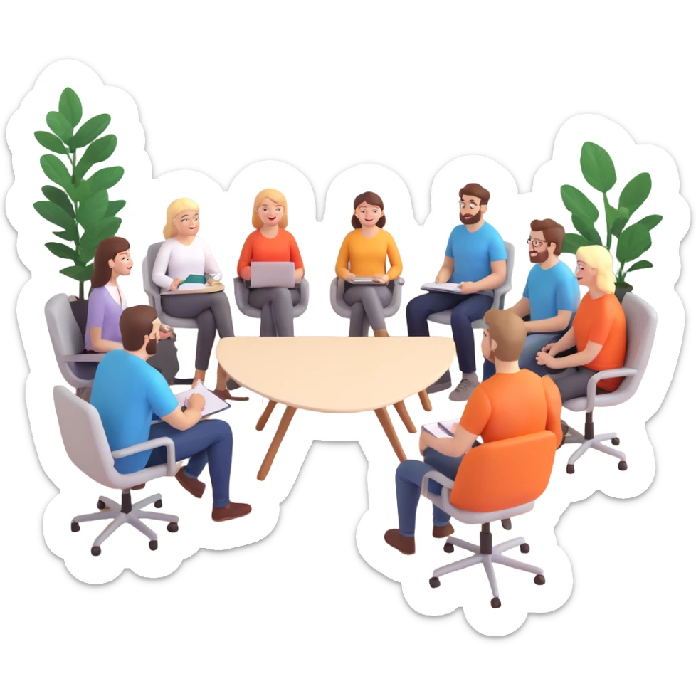 Three happy white male designers and six happy white female designers, all having a casual meeting in a cozy office setting sticker