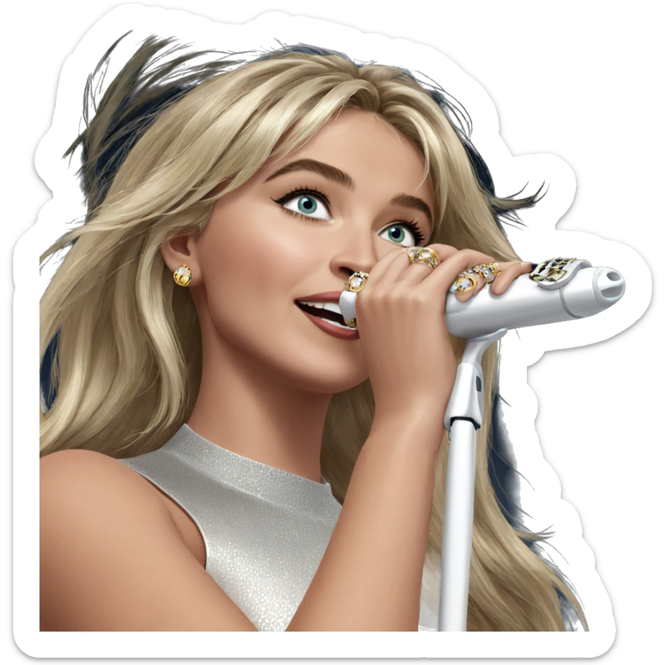 blonde girl singing with jewelry sticker